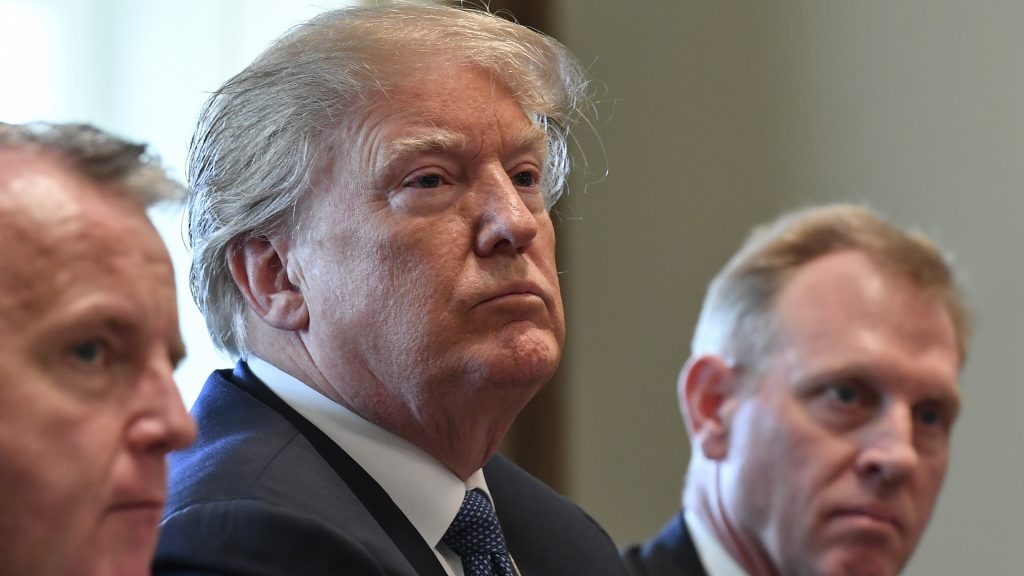 President Trump speaks to the media during a Cabinet meeting at the White House on Monday. The White House announced Tuesday that Trump would not be taking a planned trip to Latin America this week.
(The Washington Post/Getty Images)