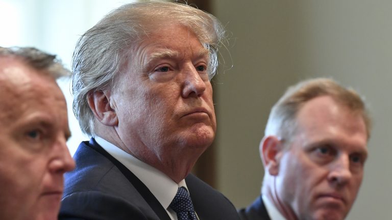 President Trump speaks to the media during a Cabinet meeting at the White House on Monday. The White House announced Tuesday that Trump would not be taking a planned trip to Latin America this week.
(The Washington Post/Getty Images)