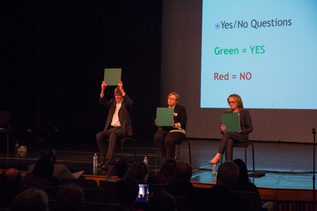 Congressional candiates answer simple yes or no questions at the Democratic congressional debate for the new Pennsylvania 4th Congressional district. (Emily Cohen for WHYY)