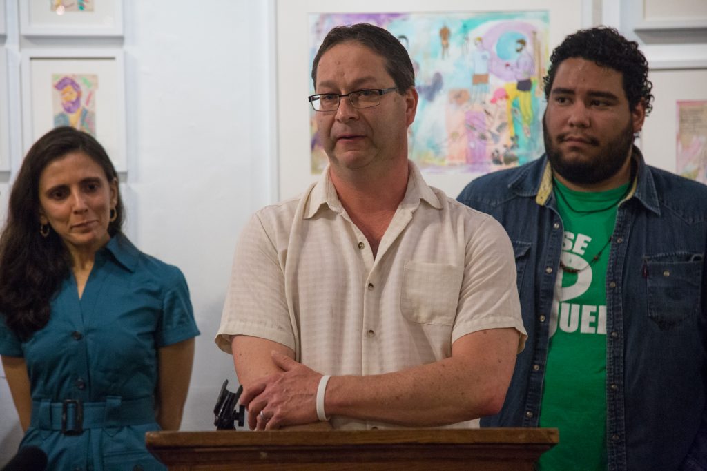 05 22 2018-ecohen-aclu ivan matrinez-4 Paul Frame is an American citizen and husband of Ivan Martinez. The ACLU of Pennsylvania, Juntos, members from the immigrant and LGBTQ communities and allies gathered at the William Way LGBT Community Center in Center City, Philadelphia on May 22, to announce the federal filing of a legal complaint to end the unlawful detention of Jose “Ivan” Noe Nuñez Martinez, who has been in detention since Jan. 31, 2018 after ICE showed up to a routine marriage interview at USCIS. (Emily Cohen for WHYY)