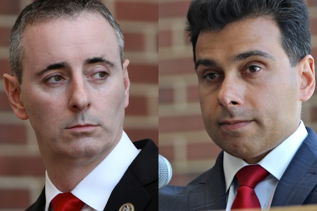 2018 05 01-e lee-brian fitzpatrick dean malik-bucks county community college-republican debate 1st congressional composite Brian Fitzpatrick, the Republican incumben in Bucks County's 1st Congressional District, is facing a challenge from pro-Trump candidate Dean Malik.