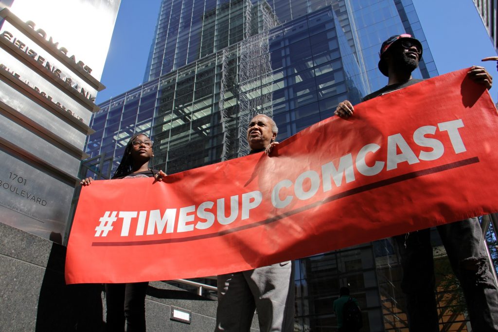 2018 05 02-e lee-philadelphia comcast center-sexual harrassment protest Protesters rally in support of women who say they were sexually harassed at Comcast call centers.