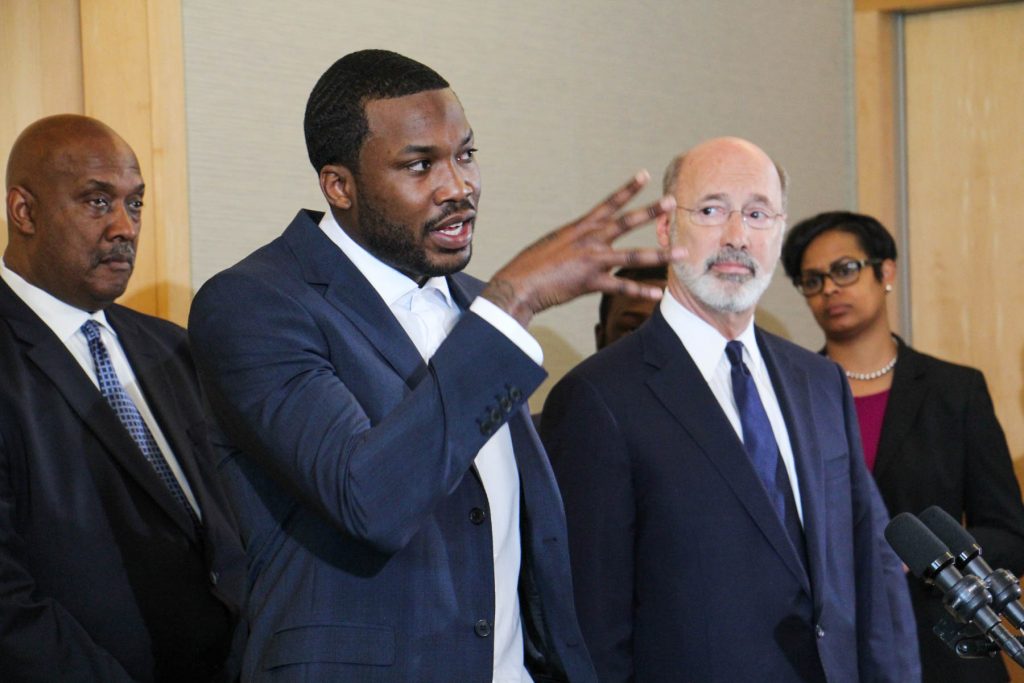 2018 05 03-e lee-meek mill tom wolf-national constitution center-criminal justice reform Rapper Meek Mill talks criminal justice reform with Pennsylvania Gov. Tom Wolf during a press conference at the National Constitution Center.