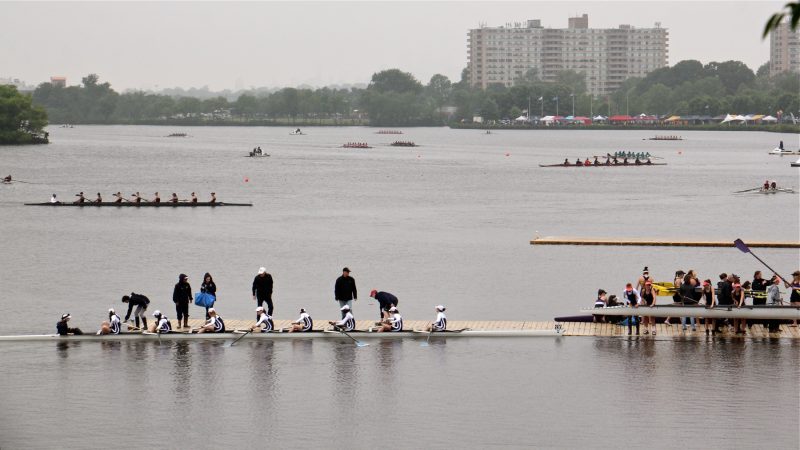 Within two days the Stotesbury regatta had to relocate its boats, tents and docks from  the Schuylkill River in Philadelphia to the Cooper River in Pennsauken, New Jersey. High water and swift currents caused by days of rain made the Schuylkill unsafe for the competition. (Emma Lee/WHYY)