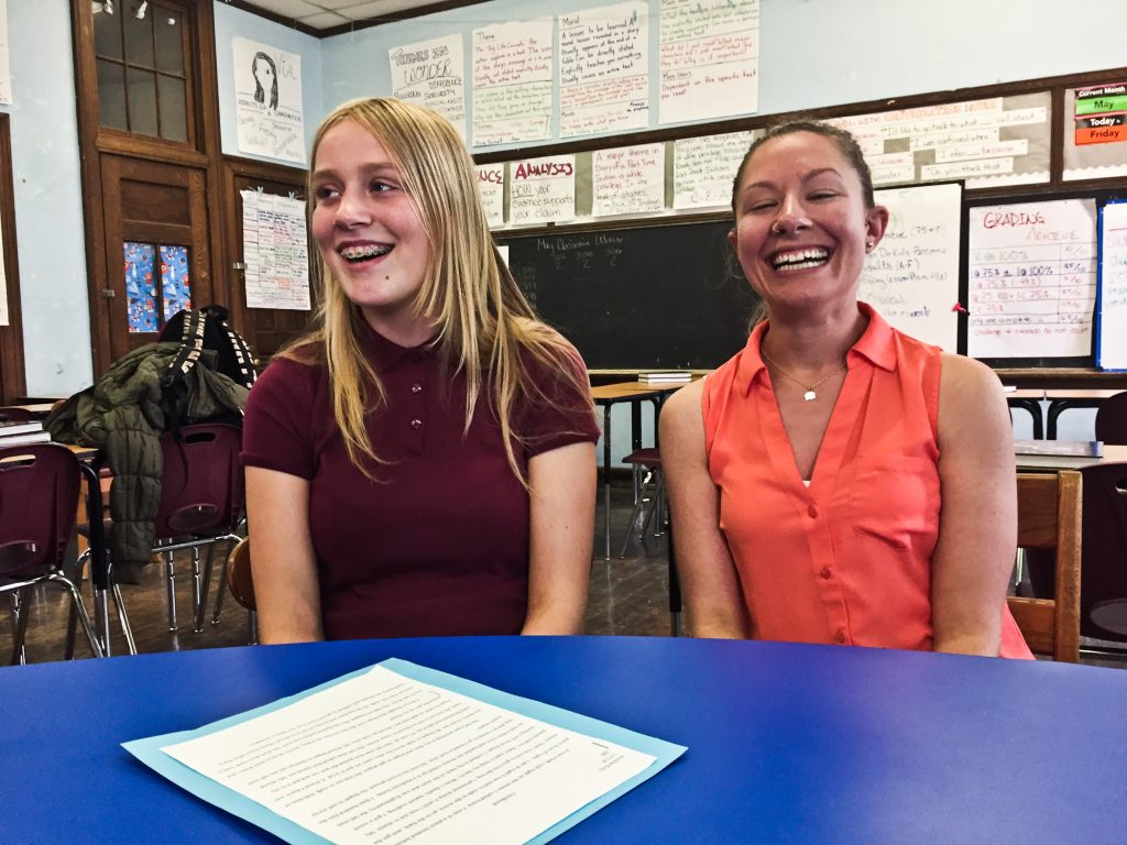 2018 5 22 avi edited photos-6 8th grade student Kristina Kelly and English teacher Monique Traugerat Thomas K. Finletter Academics Plus School in the Olney section of North Philadelphia. (Kimberly Paynter/WHYY)