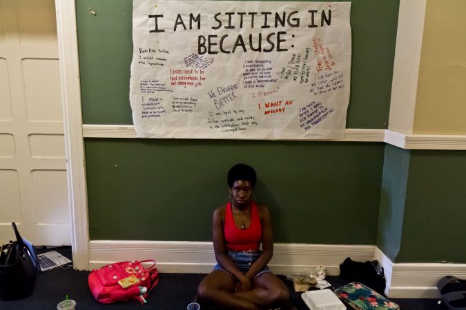 Swarthmore freshman  Hope Darris participates in a sit-in at the administration offices in protest of the school's sexual assault- reporting policy. (Kimberly Paynter/WHYY)