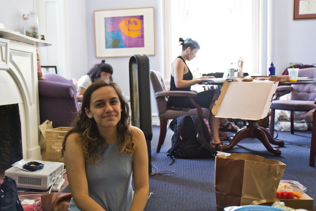 2018 5 3 k paynter students sitin at swarthmore college-5 Swarthmore student Morgin Goldberg sits in the office of Liz Braun, dean of students, in protest of the college's response to sexual assault allegations. (Kimberly Paynter/WHYY)