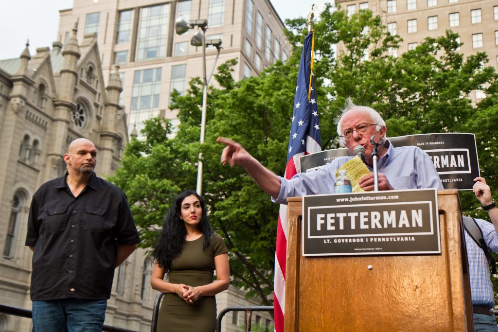2018 5 4 k paynter john fetterman bernie sanders U.S. Sen. Bernie Sanders of Vermont speaking at a rally outside Philadelphia City Hall. (Kimberly Paynter/WHYY)