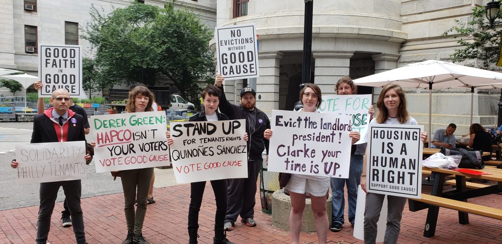 20180531_113741 Calling on City Council to vote in favor of a bill requiring landlords to have just cause before evicting a tenant, demonstrators rally Thursday outside City Hall in Philadelphia. (Tom MacDonald/WHYY)