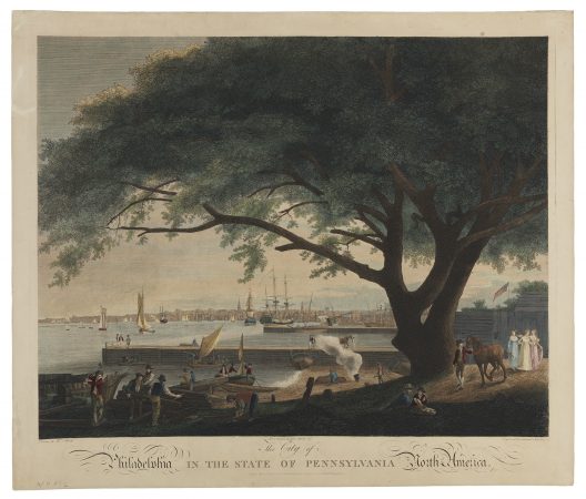This depiction of Philadelphia by William Birch shows a view of the Delaware River from Arch Street. (Courtesy of The Library Company of Philadelphia)