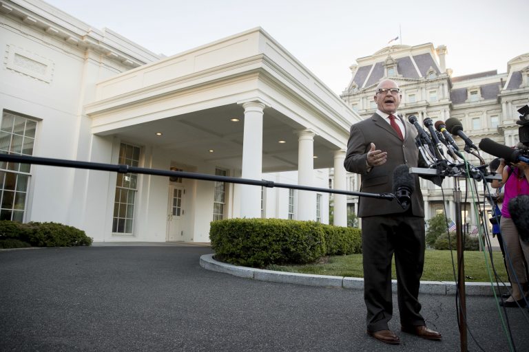 National Security Adviser H.R. McMaster speaks to members of the media outside the West Wing of the White House, Monday, May 15, 2017, in Washington.