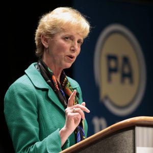 Laura Ellsworth, a lawyer from suburban Pittsburgh and a first-time candidate, answers questions from the panel during a debate between Republican Gubernatorial candidates at Harrisburg Area Community College in Harrisburg, Pa., Thursday, March 1, 2018.