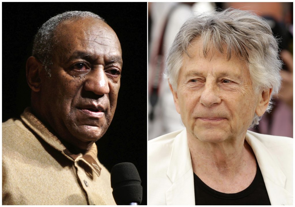 Oscars-Cosby and Polanski In this combination photo, Bill Cosby speaks to an audience on the campus of University of the District of Columbia in Washington on May 16, 2006 , left, and director Roman Polanski appears at the photo call for the film,