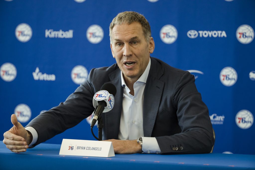 Bryan Colangelo Philadelphia 76ers President of Basketball Operations Bryan Colangelo speaks with members of the media during a news conference at the NBA basketball team's practice facility in Camden, N.J., Friday, May 11, 2018. (Matt Rourke/AP Photo)