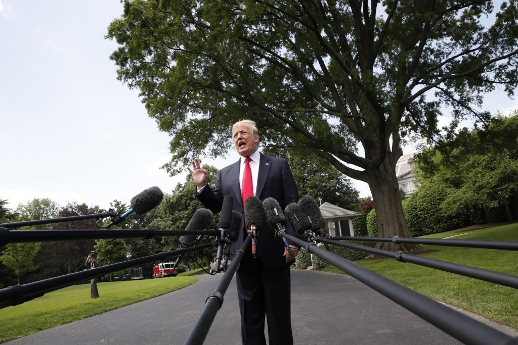 Donald Trump President Donald Trump speaks to the media on the South Lawn of the White House in Washington, Wednesday, May 23, 2018, en route to a day trip to New York. Trump will hold a roundtable discussion on Long Island on illegal immigration and gang violence that the White House is calling a