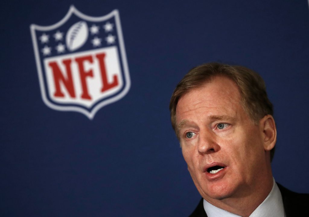 Roger Goodell NFL commissioner Roger Goodell tells reporters the NFL team owners have reached agreement on a new league policy that requires players to stand for the national anthem or remain in the locker room during the NFL owner's spring meeting Wednesday, May 23, 2018, in Atlanta. (John Bazemore/AP Photo)