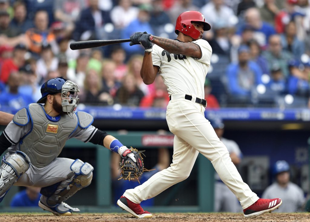 Blue Jays Phillies Baseball Philadelphia Phillies' Nick Williams hits a RBI single off Toronto Blue Jays' J.A. Happ to score Aaron Altherr during the sixth inning of a baseball game, Sunday, May 27, 2018, in Philadelphia. The Blue Jays won 5-3.