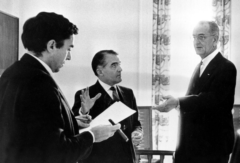 Obit Richard Goodwin In this Jan. 12, 1966, photo provided by the White House, President Lyndon B. Johnson prepares for his State of the Union address with, (from left), Richard Goodwin, former presidential assistant called back from Wesleyan University to help on the speech, Jack Valenti and (not pictured) Joseph A. Califano, Jr. at the White House in Washington. Goodwin, an aide, speechwriter and liberal force for the Kennedys and Lyndon Johnson died Sunday, May 20, 2018, at his home in Concord, Mass. His wife, the historian Doris Kearns Goodwin, said he died after a brief bout with cancer. (The White House/AP Photo)