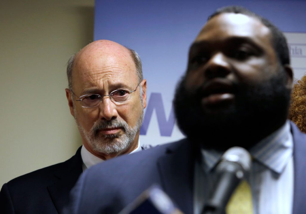 APtomwolfjordanharrisgunviolencegrantx1200 Pennsylvania Gov. Tom Wolf, left, listens to state Rep. Jordan Harris (D-Phila.) during a news conference Tuesday, May 8, 2018, in Philadelphia. Wolf announced a $1.5 million grant program aimed at reducing gun violence around the state. Wolf unveiled the Gun Violence Reduction Initiative Tuesday and Pennsylvania Commission on Crime and Delinquency is accepting applications for the grants and will start awarding them in early July. (Jacqueline Larma/AP Photo)