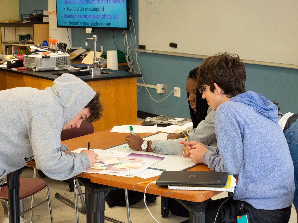Ninth-graders at the Science Leadership Academy work on a group project in science class