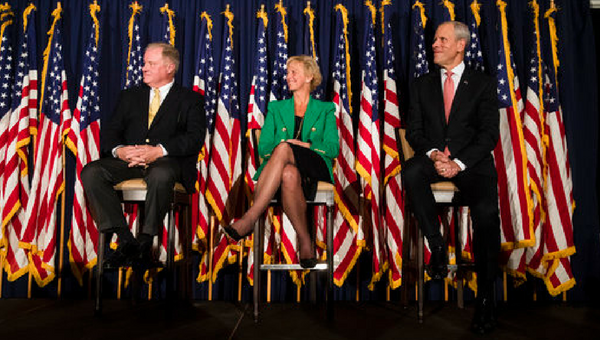 GOP-Gov-Hopefuls-10.19.17-AP-600×340 Candidates (from left) seeking the Republican Party’s nomination to challenge Democratic Gov. Tom Wolf’s re-election bid next year, Pennsylvania Sen. Scott Wagner R-York County, Laura Ellsworth and Paul Mango. (Matt Rourke/AP Photo)