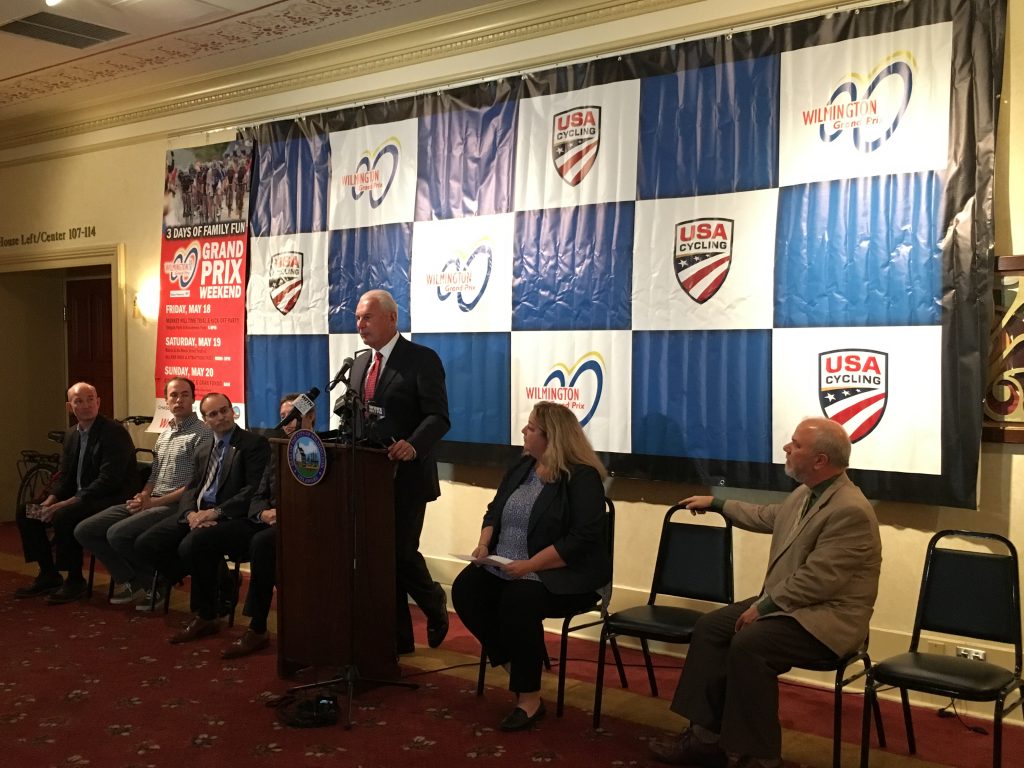 IMG_0576 Mayor Mike Purzycki announces the details of Wilmington Bike Week ahead of this weekend's Wilmington Grand Prix races. (Mark Eichmann/WHYY)