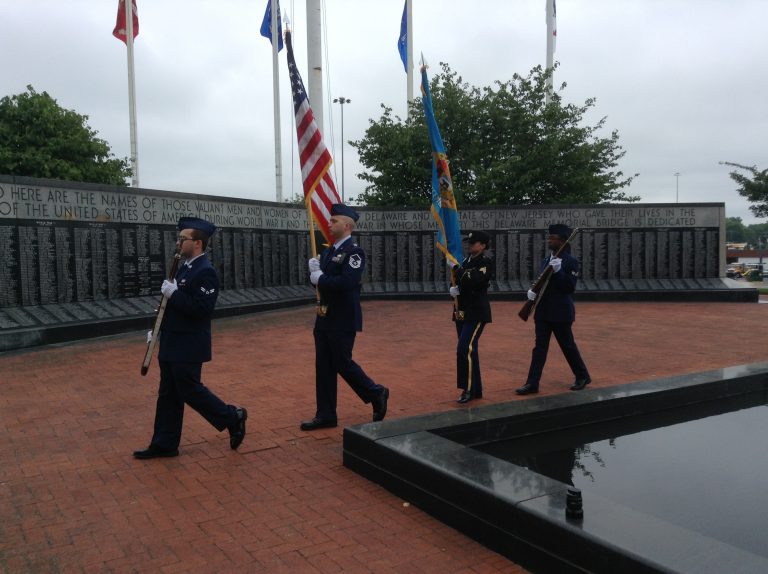 Service members and veterans participated in the annual Memorial Day service in New Castle, Delaware, Wednesday. (Zoe Read/WHYY)
