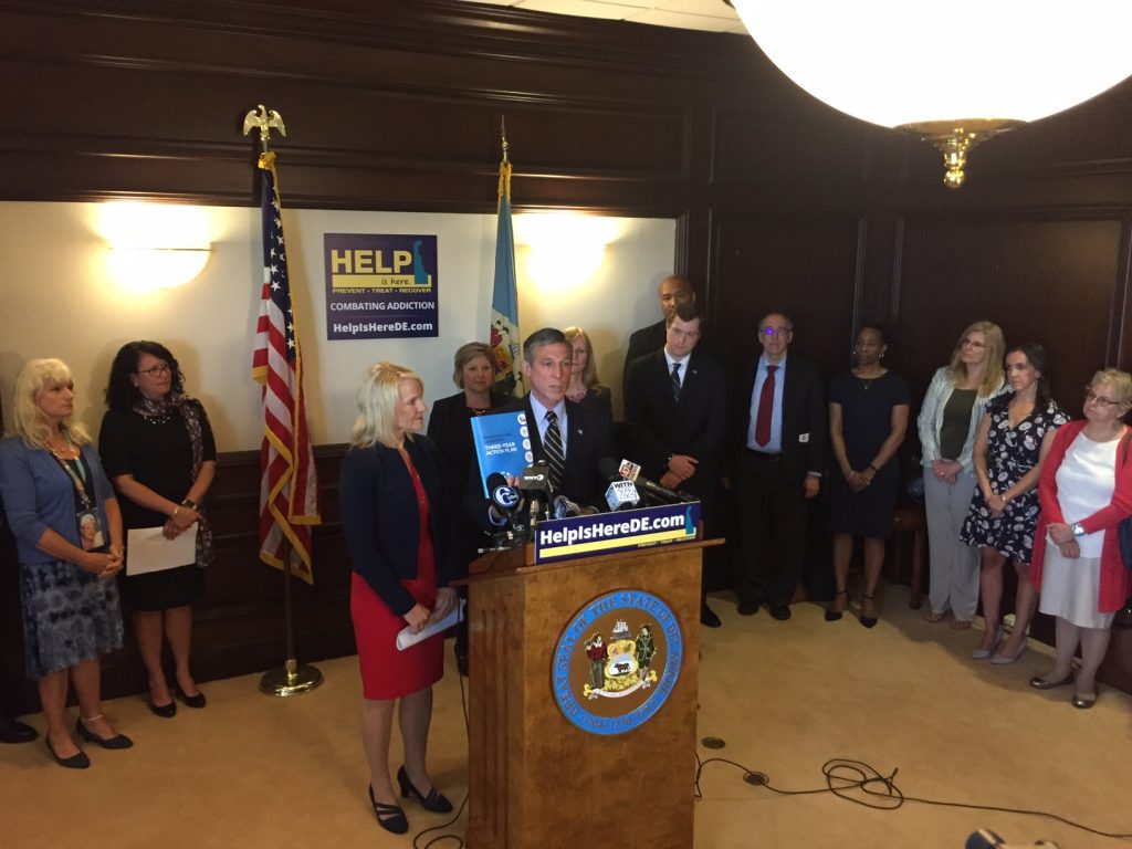 IMG_9693 Delaware Gov. John Carney and Lt. Gov. Bethany Hall Long announce a three-year action plan to combat addiction and address mental health issues. (WHYY/Paul Parmalee)
