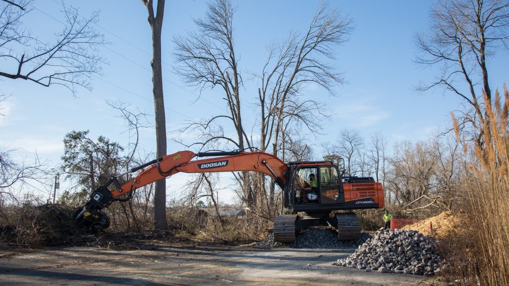 Tree clearing for construction of the Mariner East 2 natural gas liquids pipeline at site in Delaware County. DEP has issued more than 50 violations to Sunoco during the past year of construction. The agency recently fined the company for additional drilling mud spills. (Emily Cohen for StateImpact Pennsylvania)