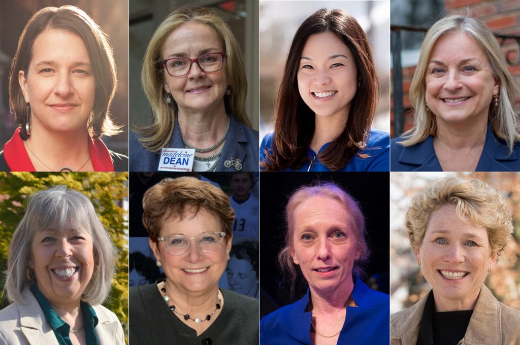 Clockwise from top left: Jess King (D), Madeleine Dean (D), Pearl Kim (R), Susan Wild (D), Chrissy Houlahan (D), Mary Gay Scanlon (D), Bibiana Boerio (D), and Susan Boser (D) won primary races for Pennsylvania congressional seats in the 2018 midterm. (Photos courtesy of campaigns, Emily Cohen/WHYY)    