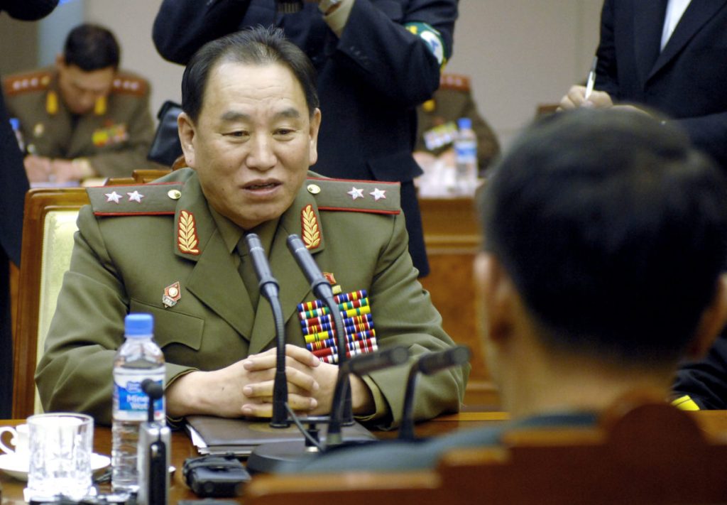 North Korea's chief delegate Kim Yong-Chol (L) talks with his South Korean counterpart Lee Hong-Kee (R) during the inter-Korean general talks at the south side of the truce village of Panmunjom, in the Demilitarized Zone, December 14, 2007. 
REUTERS/Jung Yeon-Je/Pool (SOUTH KOREA) - GM1DWUSGVMAA