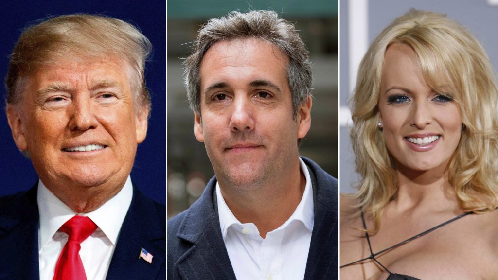 A new document alleges that a powerful Russian, and not President Trump, may have reimbursed attorney Michael Cohen for his payment to porn actress Stormy Daniels. Left to right: Former President Donald Trump, Michael Cohen and Stormy Daniels.