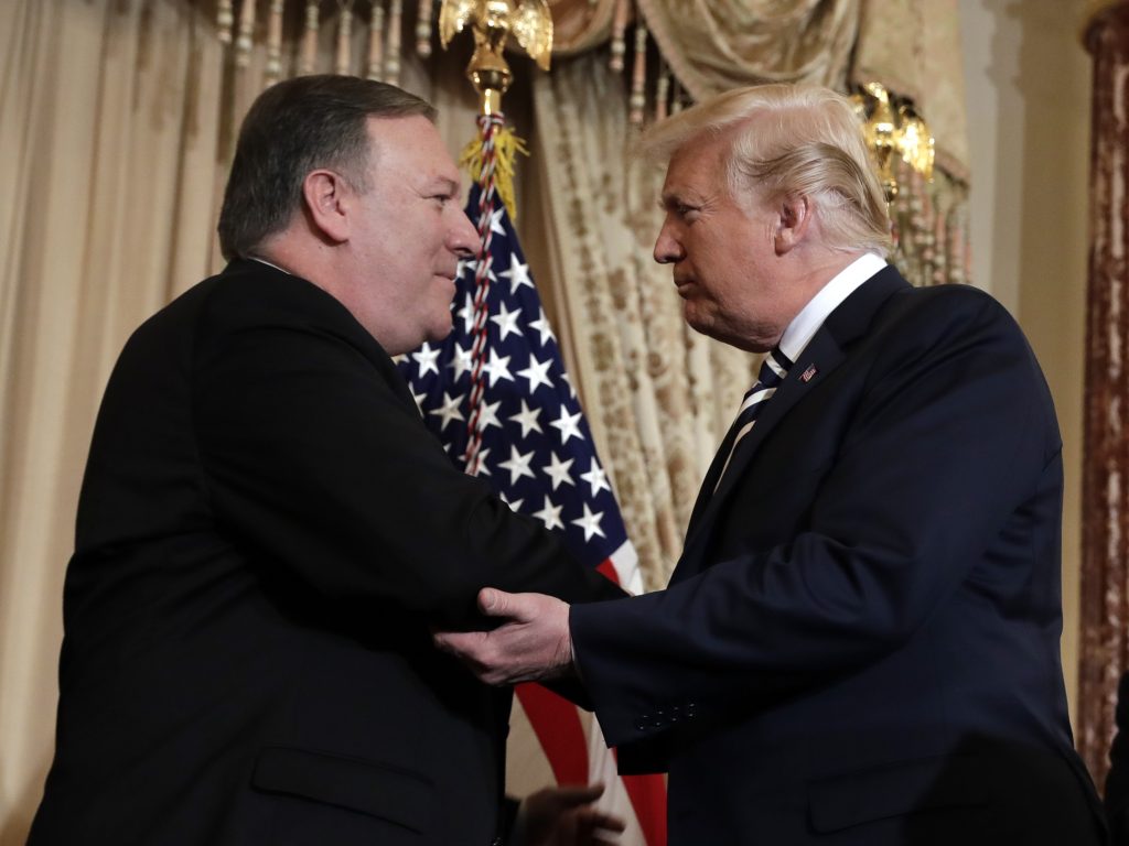 President Donald Trump participates in a ceremonial swearing-in for Secretary of State Mike Pompeo at the State Department on May 2. President Donald Trump participates in a ceremonial swearing-in for Secretary of State Mike Pompeo at the State Department on May 2. (Evan Vucci/AP)