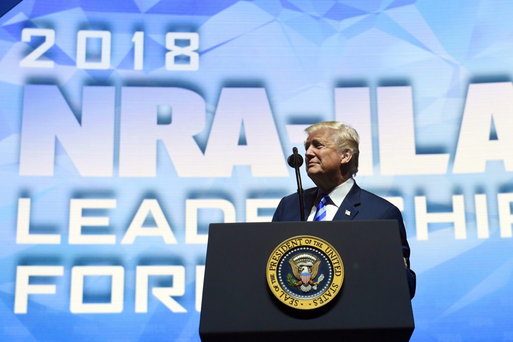 President Trump speaks at the National Rifle Association’s annual convention in Dallas on Friday, the third year in a row he has addressed the gun lobby organization. President Trump speaks at the National Rifle Association's annual convention in Dallas on Friday, the third year in a row he has addressed the gun lobby organization. (Susan Walsh/AP)