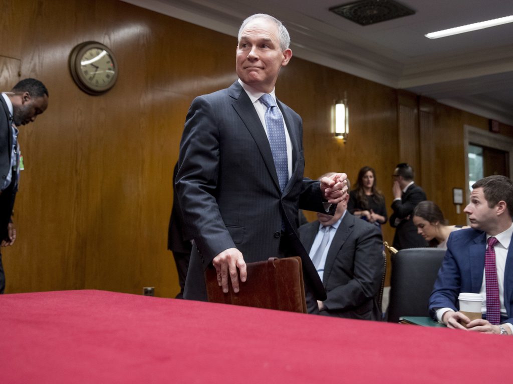 Scott Pruitt, administrator of the Environmental Protection Agency, arrives for his testimony Wednesday before a Senate Appropriations subcommittee. Scott Pruitt, administrator of the Environmental Protection Agency, arrives for his testimony Wednesday before a Senate Appropriations subcommittee. (Andrew Harnik/AP)