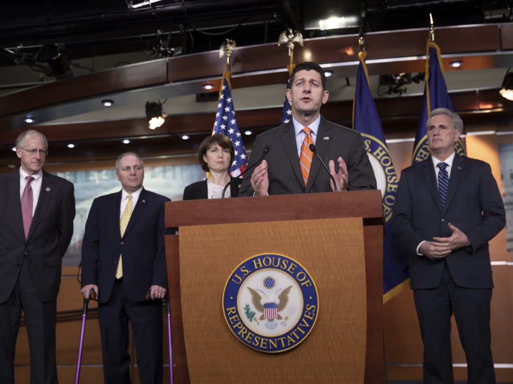 House Speaker Paul Ryan praises the Agriculture Committee's work on the farm bill at a press conference on Wednesday. He was joined by (from left) committee Chairman Mike Conaway, House Majority Whip Steve Scalise, Rep. Cathy McMorris Rodgers and Majority Leader Kevin McCarthy. (J. Scott Applewhite/AP)