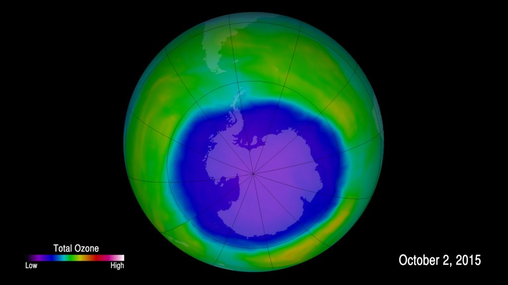 An image provided by NOAA shows the hole in the ozone layer in 2015. NOAA scientists now say emissions of one ozone-depleting chemical appear to be rising, even though the chemical has been banned and reported production has essentially been at zero for years. An image provided by NOAA shows the hole in the ozone layer in 2015. NOAA scientists now say emissions of one ozone-depleting chemical appear to be rising, even though the chemical has been banned and reported production has essentially been at zero for years. (NOAA via AP)