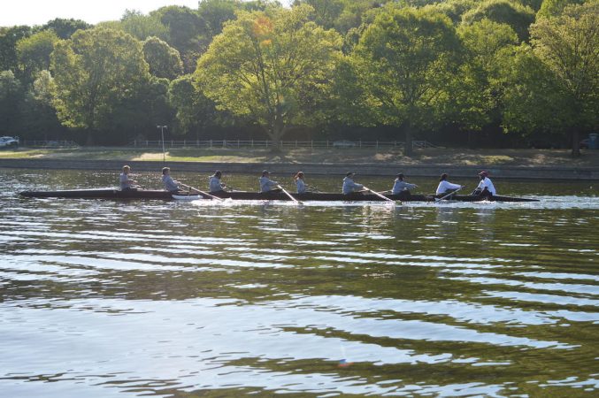 The Philly Council Dad Vail crew during practice on the Schuylkill Wednesday morning (Tom MacDonald/WHYY)