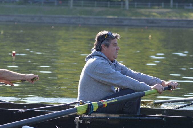 Philadelphia City Councilman Bobby Henon during practice on the Schuylkill Wednesday morning  (Tom MacDonald/WHYY)