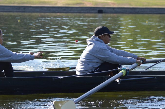 Philadelphia City Councilwoman Cindy Bas during practice on the Schuylkill Wednesday morning  (Tom MacDonald/WHYY)