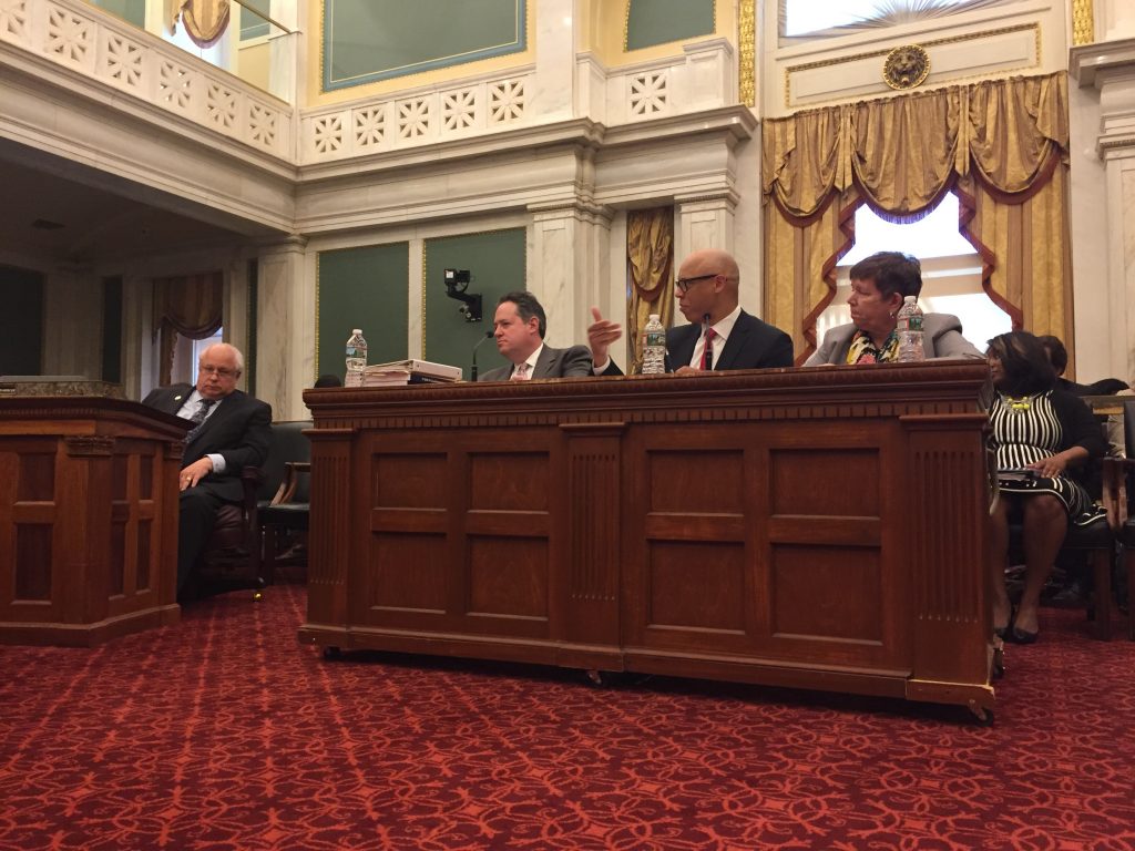 file SRC member Marjorie Neff (from right), Philadelphia School District Superintendent William Hite, district CFO Uri Monson, and Councilman Al Taubenburger take part in a Wednesday budget hearing. (Avi Wolfman-Arent/WHYY)