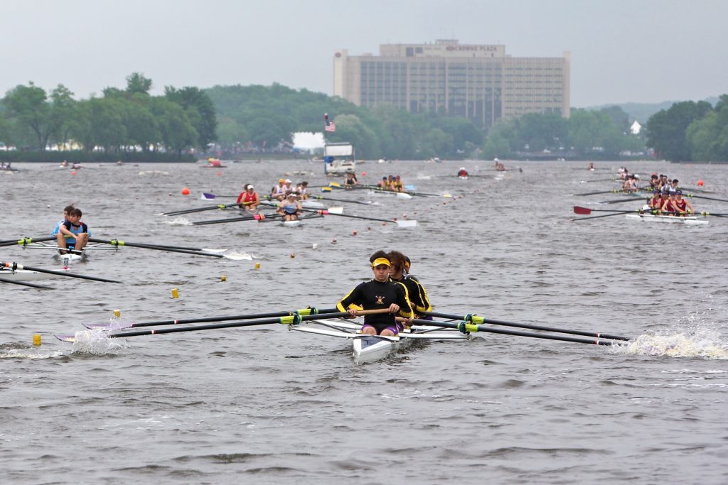 Teams line up on the Cooper River during time trials in the Stotesbury Cup high school rowing competition, which was hastily relocated because of dangerous conditions on the Schuylkill River.