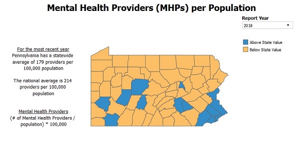 Pennsylvania has a statewide average of 179 mental health care practitioners per 100,000 people. That's below the national average of 214 providers per 100,000. The counties shown in orange also lag below the statewide average. (Hospital and Health System Association of Pennsylvania)