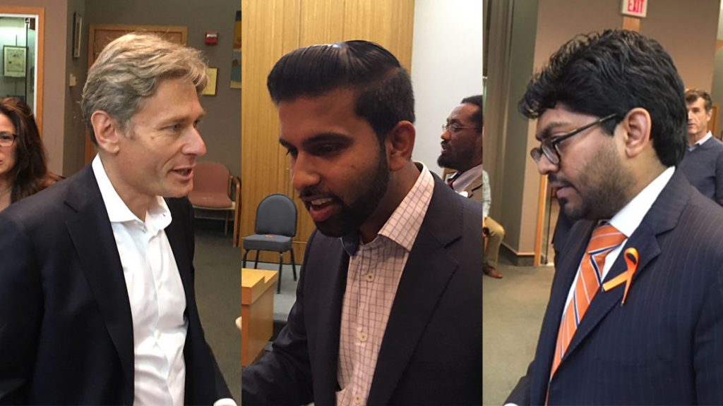 nj-dem-forum-3 New Jersey 7th Congressional District candidates Tom Malinowski, Peter Jacob, and Goutam Jois (WHYY/Dave Davies).