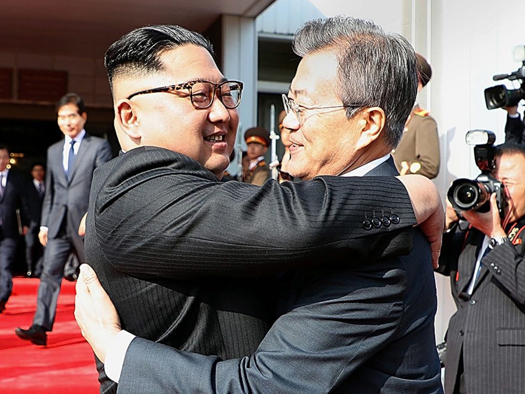 North Korean leader Kim Jong Un (left) and South Korean President Moon Jae-in embrace Saturday on the North Korean side of the shared inter-Korean area of Panmunjom. North Korean leader Kim Jong Un (left) and South Korean President Moon Jae-in embrace Saturday on the North Korean side of the shared inter-Korean area of Panmunjom. (Handout/South Korean Presidential Blue House/Getty Images)