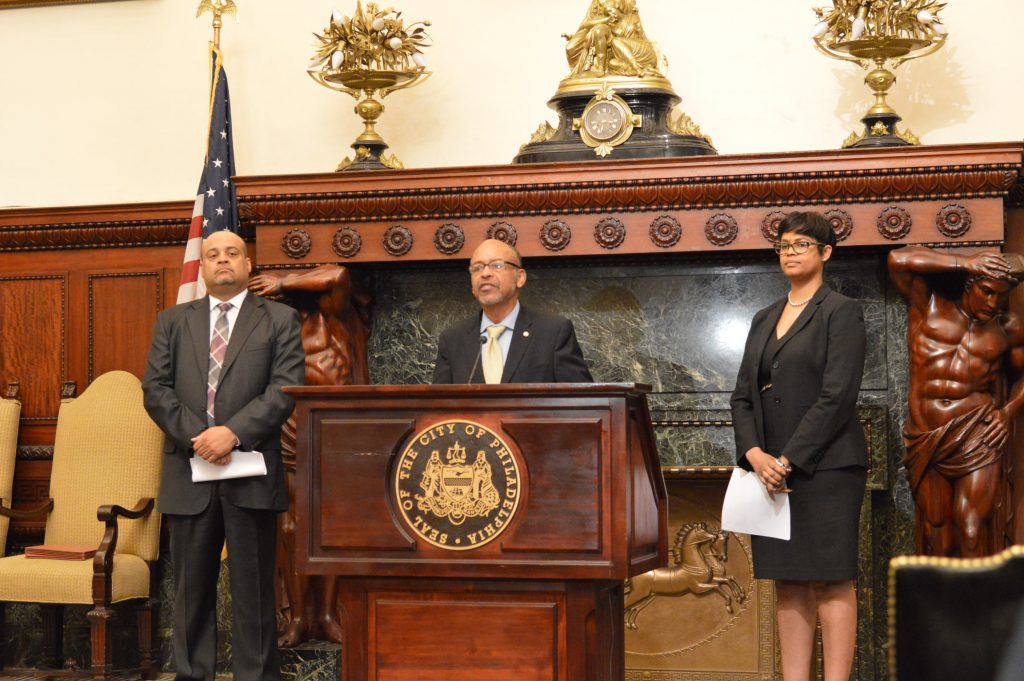 roebuck Discussing expungement measures, Pennsylvania state Rep. James Roebuck speaks Tuesday at Philadelphia City Hall along with state Reps. Morgan Cephas (right) and Angel Cruz. (Tom MacDonald/ WHYY)
