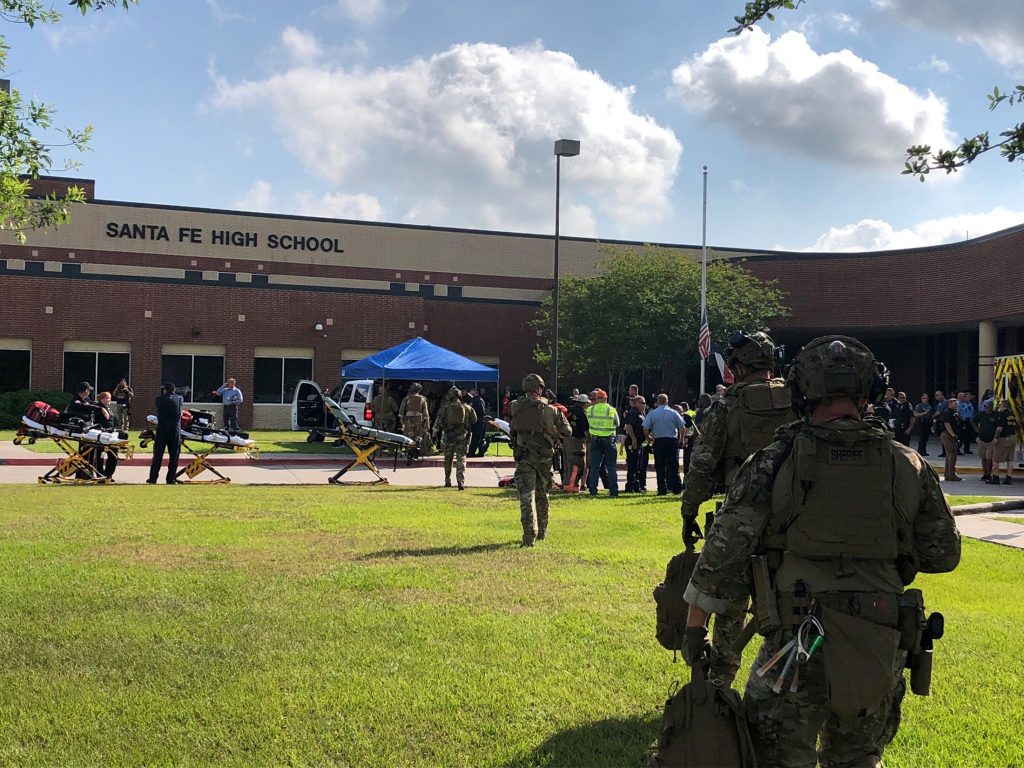 Law enforcement officers are responding to Santa Fe High School following a shooting incident in this Harris County Sheriff office, Santa Fe, Texas, U.S., photo released on May 18, 2018. Law enforcement officers are responding to Santa Fe High School following a shooting incident in this Harris County Sheriff office, Santa Fe, Texas, U.S., photo released on May 18, 2018. (Courtesy HCSO/Handout/REUTERS)