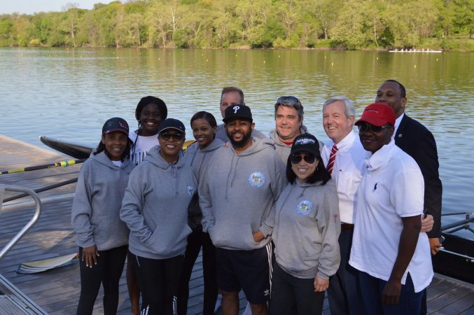 A crew from Philadelphia's  City Council including Cindy Bass, Bobby Henon, Helen Gym, Curtis Jones, and a few staffers will row in the 500-meter race during the the corporate challenge portion of the Dad Vail Regatta on Saturday. (Tom MacDonald/WHYY)