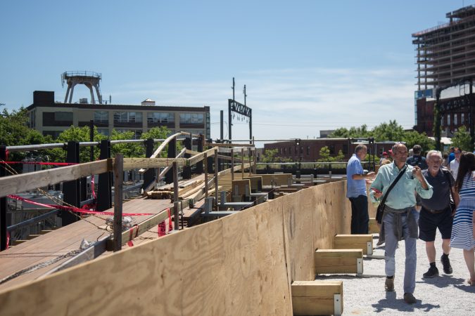 Construction is ongoing for the Philadelphia Rail Park even as Phase 1 is unveiled and opened to the public on June 14th 2018. (Emily Cohen for WHYY)