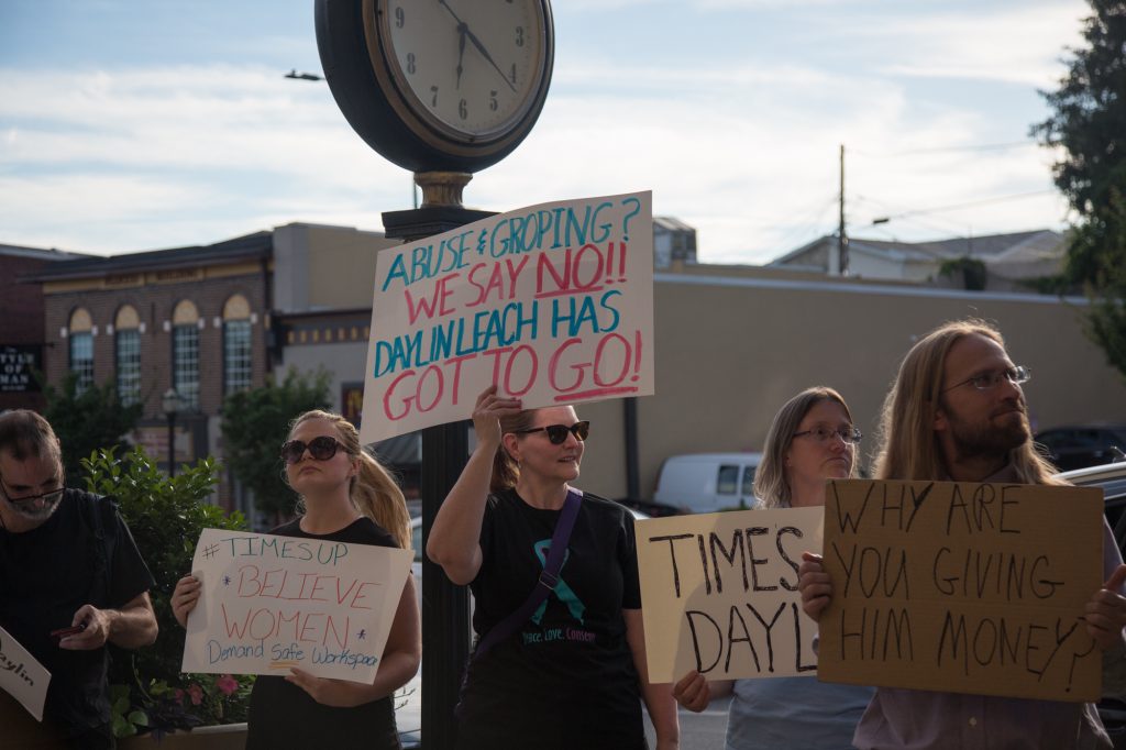 06 21 2018-ecohen-daylin leach protest-7 About 30 protesters gather outside of a Daylin Leach fundraising event in an attempt to bring attention to accusations of sexual misconduct raised against the PA State Senator on June 21st 2018. (Emily Cohen for WHYY)